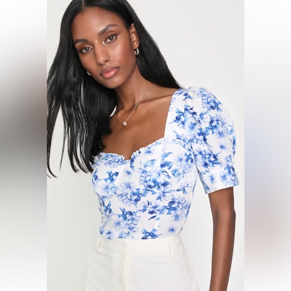 Lulu's Always Amorous Blue Floral Print Bustier Puff Sleeve Crop Top Size M